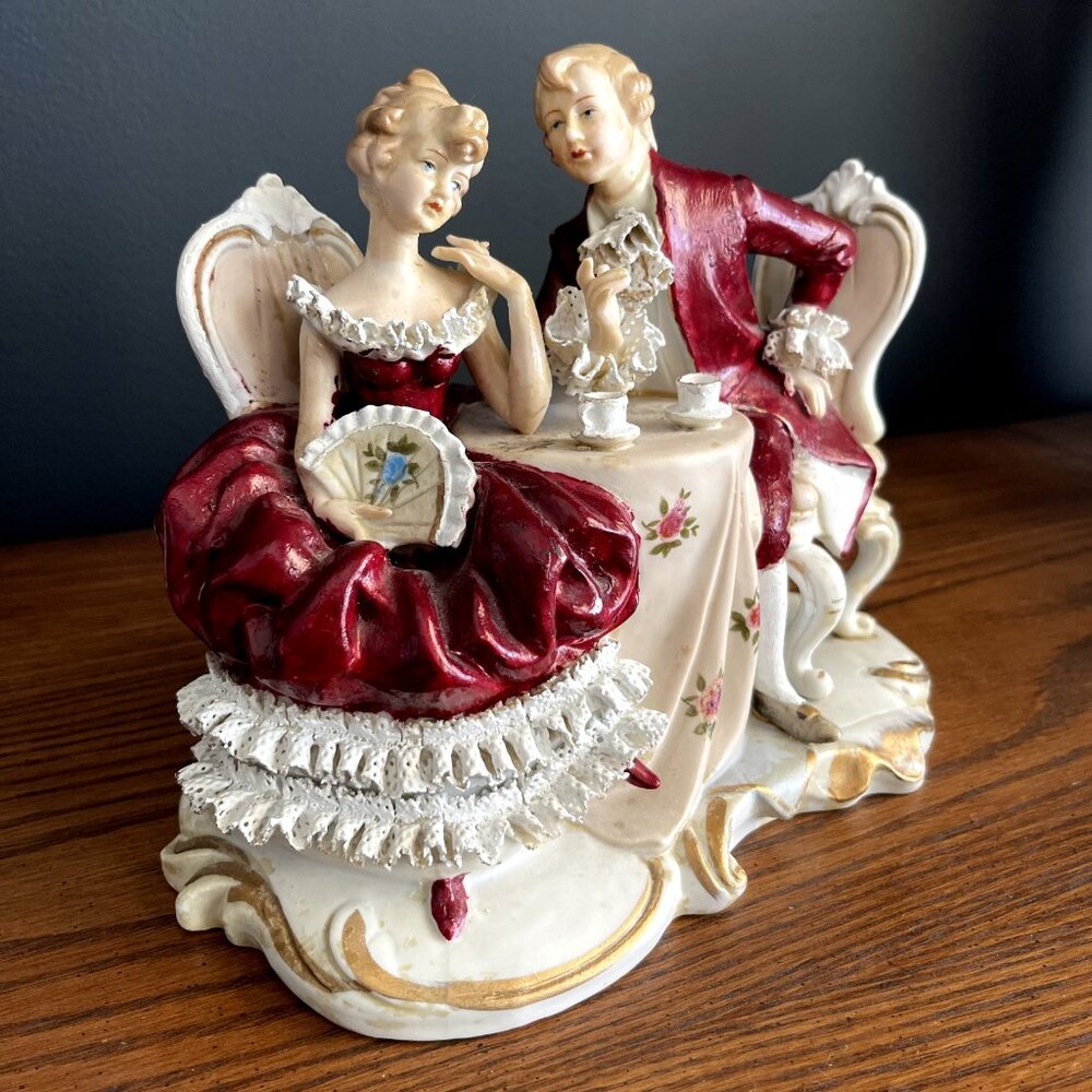 Vintage Artmark Porcelain Bisque Lace Figurine Gentleman & Lady Talking w/ Tea